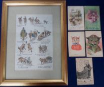 Postcards, Louis Wain, 5 illustrated Wain postcards sold with a framed and glazed Louis Wain cartoon