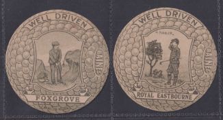 Trade card, Baines, Golf Ball Shaped Shields (2), 'Well driven Foxgrove' & Well Driven Royal