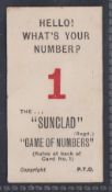 Cigarette card, The South Wales Tobacco Co, The Sunclad Game of Numbers, type card, no 1 (gd)