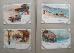 Postcards, a vintage album of approx. 169 mainly European illustrated cards of scenic views. Artists