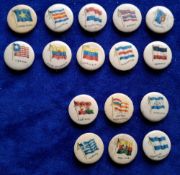 Cigarette Miniature Badges, USA, American Tobacco Co, 16 badges of Flags (13 National & 3 US State