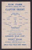 Football programme, Reading v Clapton Orient, 29th March 1941, single sheet (vg) (1)