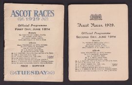 Royal Ascot, 1929, two small format racecards, First Day, 18th June featuring the St. James Palace