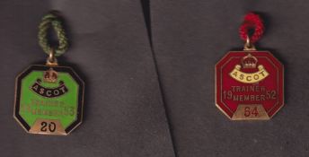 Royal Ascot, two enamelled Trainers badges for 1952 & 1953 both with original cord and by Lewis of