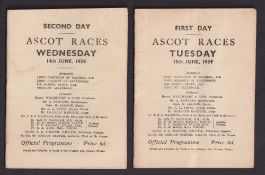 Royal Ascot, 1939, two small format racecards, First Day, 13th June featuring the St. James Palace