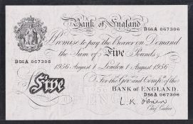 Bank Note, White Five Pound Note, number D56A 067306 dated August 1st 1956 (LK O'Brien) (crisp AU