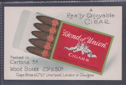 Tobacco advertising, Cope's, advertising postcard for Bond of Union Cigars, illustrated with packet,