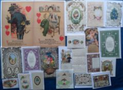 Valentines Cards, 40+ early 19th to early 20thC cards to include embossed, lace, silk, decoupage,