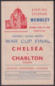Football programme, Chelsea v Charlton Athletic, 15th April 1944 Football League (South) War Cup