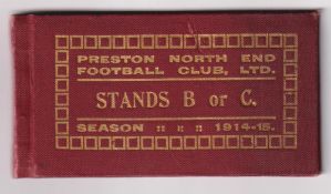 Preston North End FC Season Ticket Booklet, 1914-15. A maroon, board cover, season ticket booklet