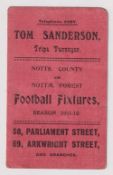 Nottingham Forest & Notts County Fixture Card, 1911-12. Fold-out fixture card issued by Tom
