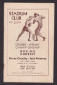 Boxing programme, Harry Crossley v Jack Petersen, British Light Heavyweight Title Bout, held at High
