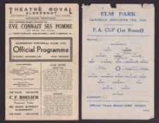 Football programmes, Aldershot v Reading, FA Cup 1945/46, home & away issues, 1st Leg played at
