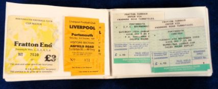 Portsmouth FC, a small photo album containing 50+ home and away match tickets, 1970/90's, homes