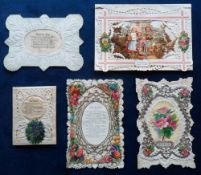 Ephemera, Greetings, a Victorian paper lace selection of 5 greetings cards, various shapes, two with