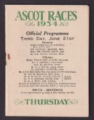 Royal Ascot, 1934, a small format racecard from the Third Day, 21st June, 1934 featuring the Gold