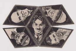 Trade card, Anon, large fold-out paper novelty with five heads to each side, Cinema & Sport