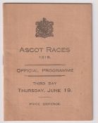 Horseracing, Royal Ascot, a racecard from the 19th June 1919 featuring The Gold Cup won by By Jingo!