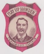 Trade card, Boynton's Red Lion Hotel, Howden, shield shaped card 'Play Up Howden, Smallwood,