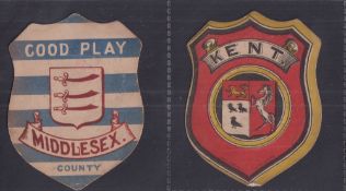 Trade cards, J. Briggs, Leeds, two shield shaped cards, 'Good Play Middlesex County' & 'Kent' (
