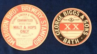 Beer labels, two circular cask labels, Melbourn Bros., Stamford & George Biggs & Sons of Bath for '