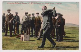 Golf, postcard, a colour printed card showing golfer teeing off, crowd behind, with advert for
