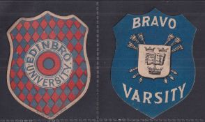 Trade cards, J. Briggs, Leeds, two shield shaped cards, 'Edinbro University' & 'Bravo Varsity' (both