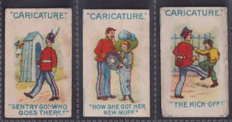 Trade cards, Barratt's, Caricature, three cards, 'Sentry Go! - Who Goes There?', 'How She Got Her