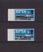 Stamps, GB QEII 1967 EFTA 9d marginal missing brown error, UM, with normal. SG715d, cat £95