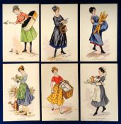 Postcards, Women at Work, WWI, art style set of six by Chamouin, waitress, florist, tram