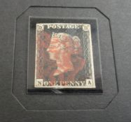 Stamps, GB QV 1d black, NA, 4 margin fine used with a red MX, stated to be plate 6 by vendor, housed