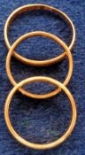Jewellery, 3 x 22ct gold plain wedding bands, approx. weight 7.8g (3)