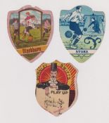 Trade cards, Baines, three shield shaped cards, 'Play Up Burnley Swifts', 'Blackburn' & 'Stoke' (