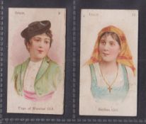 Cigarette cards, Wills, National Costumes, 2 type cards, 8 Spain & 13 Italy (fair)