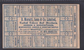 Cigarette card, B. Muratti & Sons, Calendar Card for 1892 with image of Muratti Factory to