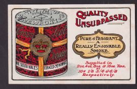 Tobacco advertising, South Wales Tobacco Co, Postcard size card illustrated with tobacco tin to