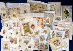 Greetings Cards, 50, mainly lace and hand decorated Victorian Valentine and Christmas cards to