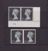 Stamps, GB QEII 1970 High Value £1 imperf pair error, UM, with normal pair SG831b