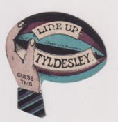 Trade card, J. Bleakley, George & Dragon Hotel, hand & rugby ball shaped card 'Line Up Tyldesley'