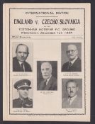 Football programme, England v Czechoslovakia played at Tottenham Hotspur on 1 Dec 1937, large 4 page