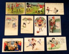 Football postcards, a collection of ten comic football postcards, various ages, mostly early 1900's,