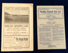 Football programmes, Cardiff City v Reading, 15 Dec 1945 FLS & at Reading, 22 Dec 1945 also FLS,