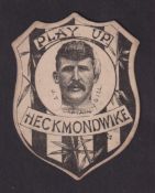 Cigarette card, J. Clayton, Tobacconist, Wakefield, shield shaped card 'Play Up Heckmondwike'