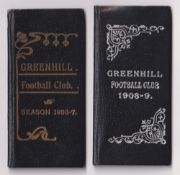Greenhill Football Club, New Barnet, two fold out card fixture cards both with Club information