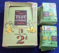 Trade cards, A&BC Gum, Test Cricketers 1961, Original Retail Box, with 60 Wax Wrappers with cards