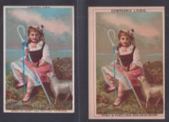 Trade cards, Liebig, 2 early larger than normal Liebig size advertisement cards, both fronts are the