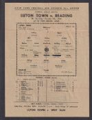Football programme, Luton Town v Reading, 7 Oct 1944 FLS single sheet (team changes noted