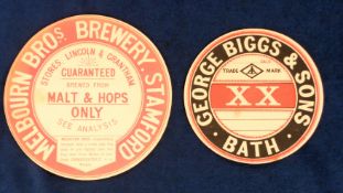 Beer labels, two circular cask labels, Melbourn Bros., Stamford & George Biggs & Sons of Bath for '