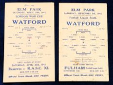 Football programmes, Reading v Watford, two single sheet programmes, 18 April 1942 London War Cup (