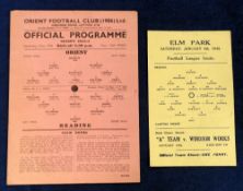 Football programmes, Clapton Orient v Reading, 2 single sheet programmes, 23 Sep 1944 at Orient &